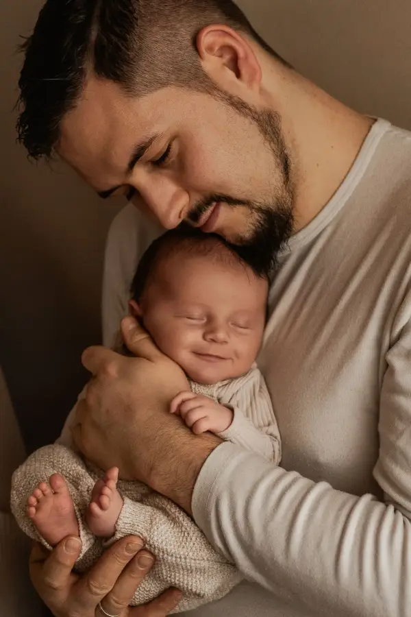 Ein Vater hält sein Neugeborenes eng an seine Brust gekuschelt und schaut lächelnd zu ihm hinunter