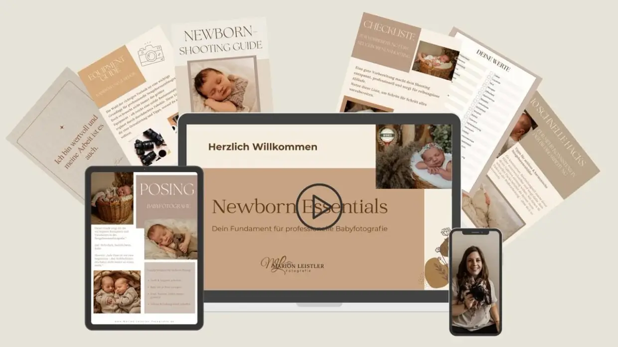 Der Online-Workshop Newborn Essentials auf Laptop, Tablet und Smartphone, darum Seiten aus Worksheets und dem Newborn Shooting Guide