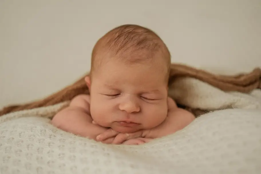 Nahaufnahme eines schlafenden Neugeborenen, das Gesicht auf die Hände gelegt, auf einer hellen Decke