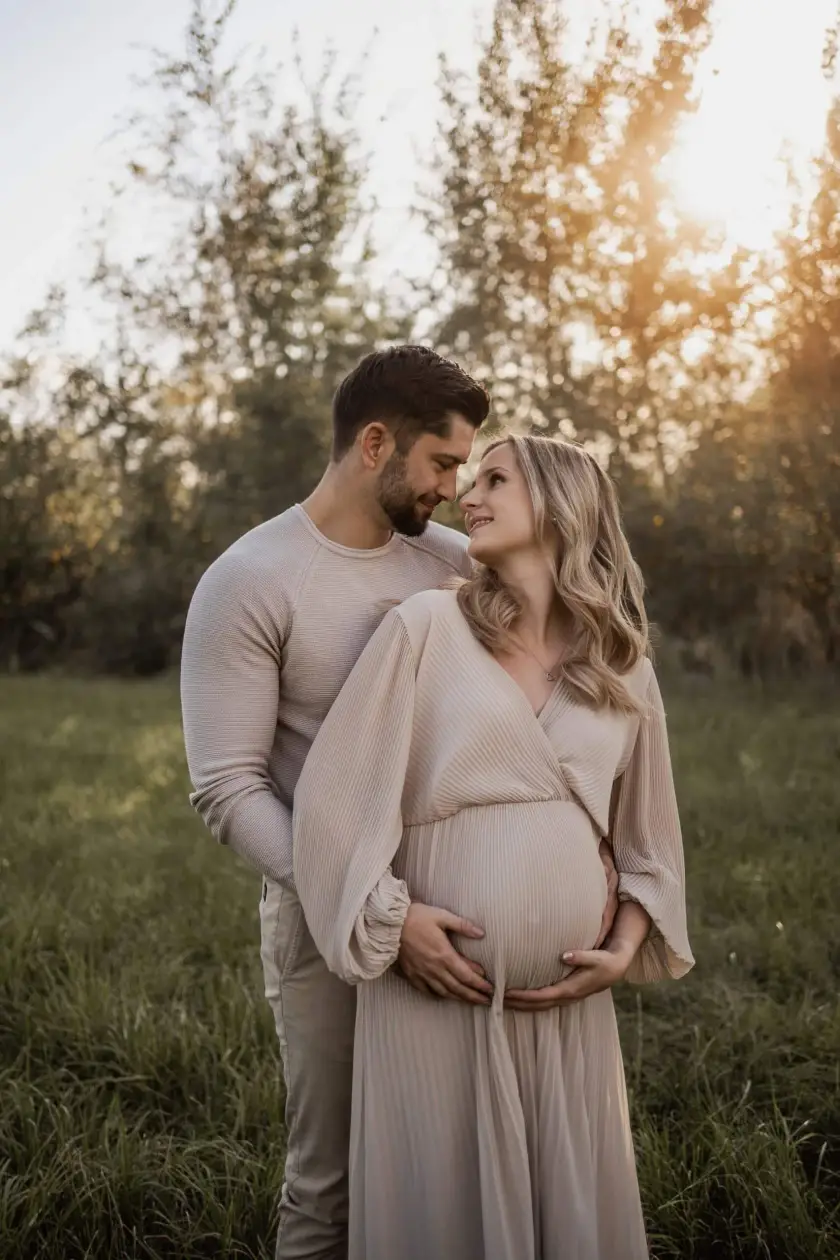 Werdende Eltern auf einer Sommerwiese, er küsst ihre Stirn, sie hält im langen Kleid ihren Babybauch